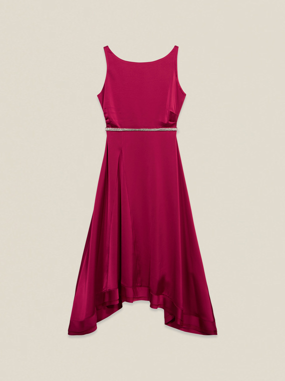 Long satin dress with jeweled belt