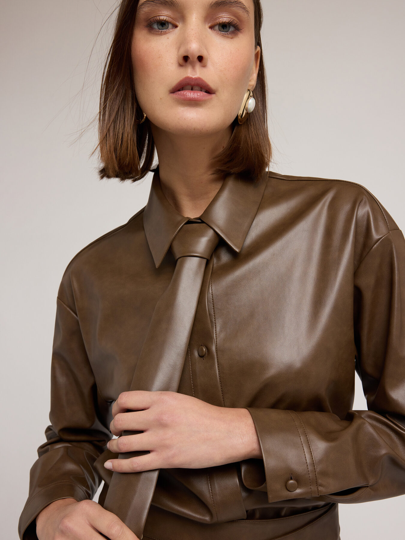 Shirt with tie in coated fabric image number 2