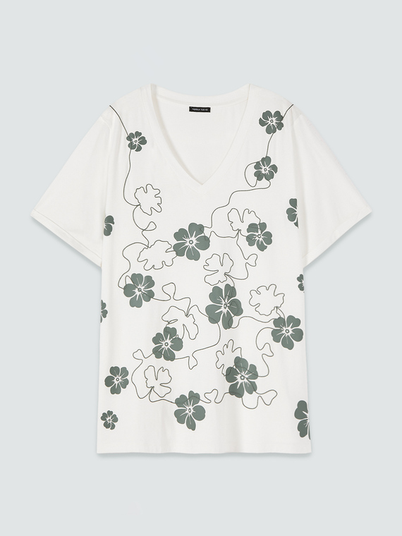 T-shirt en viscose avec imprim&eacute; fleuri et broderie