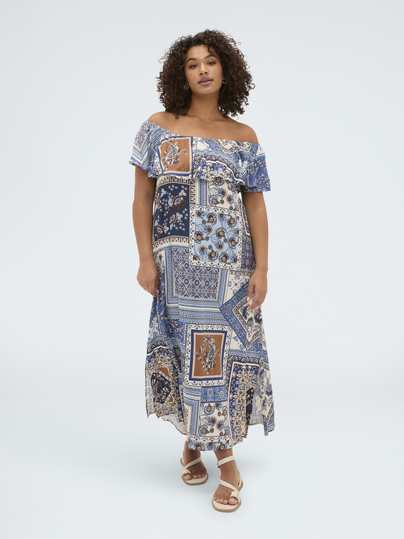Robe longue &agrave; &eacute;paules d&eacute;nud&eacute;es avec imprim&eacute;