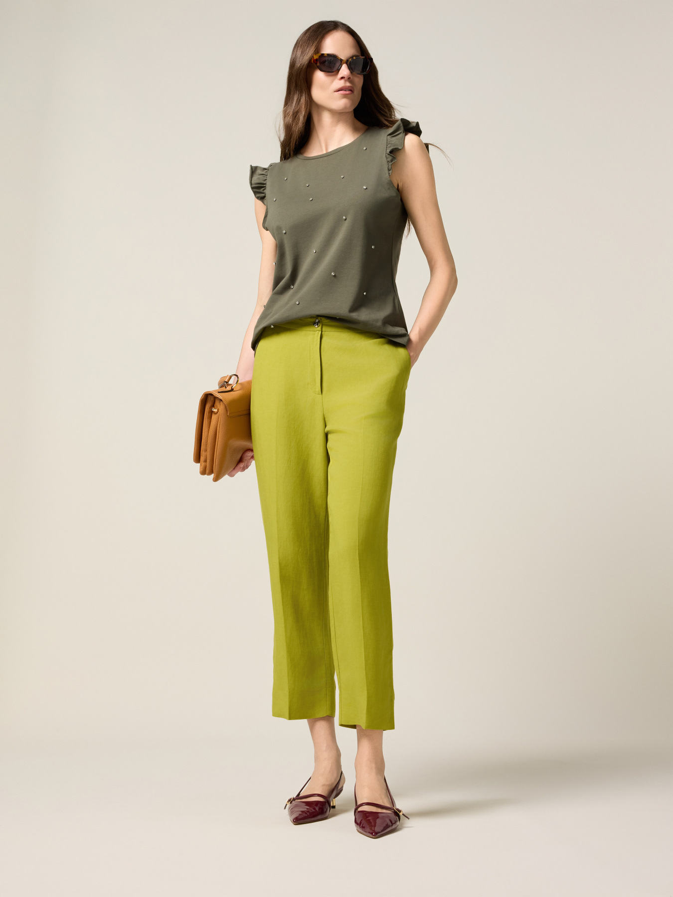 Cropped linen blend trousers image number 0