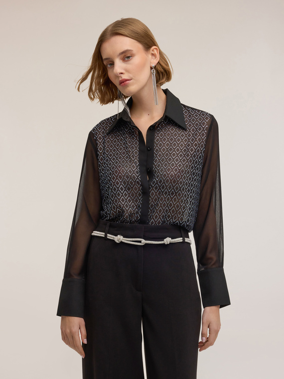 Shirt with geometric rhinestone appliqué