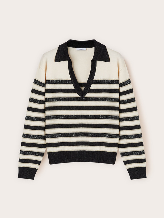 Striped lurex sweater with rhinestones