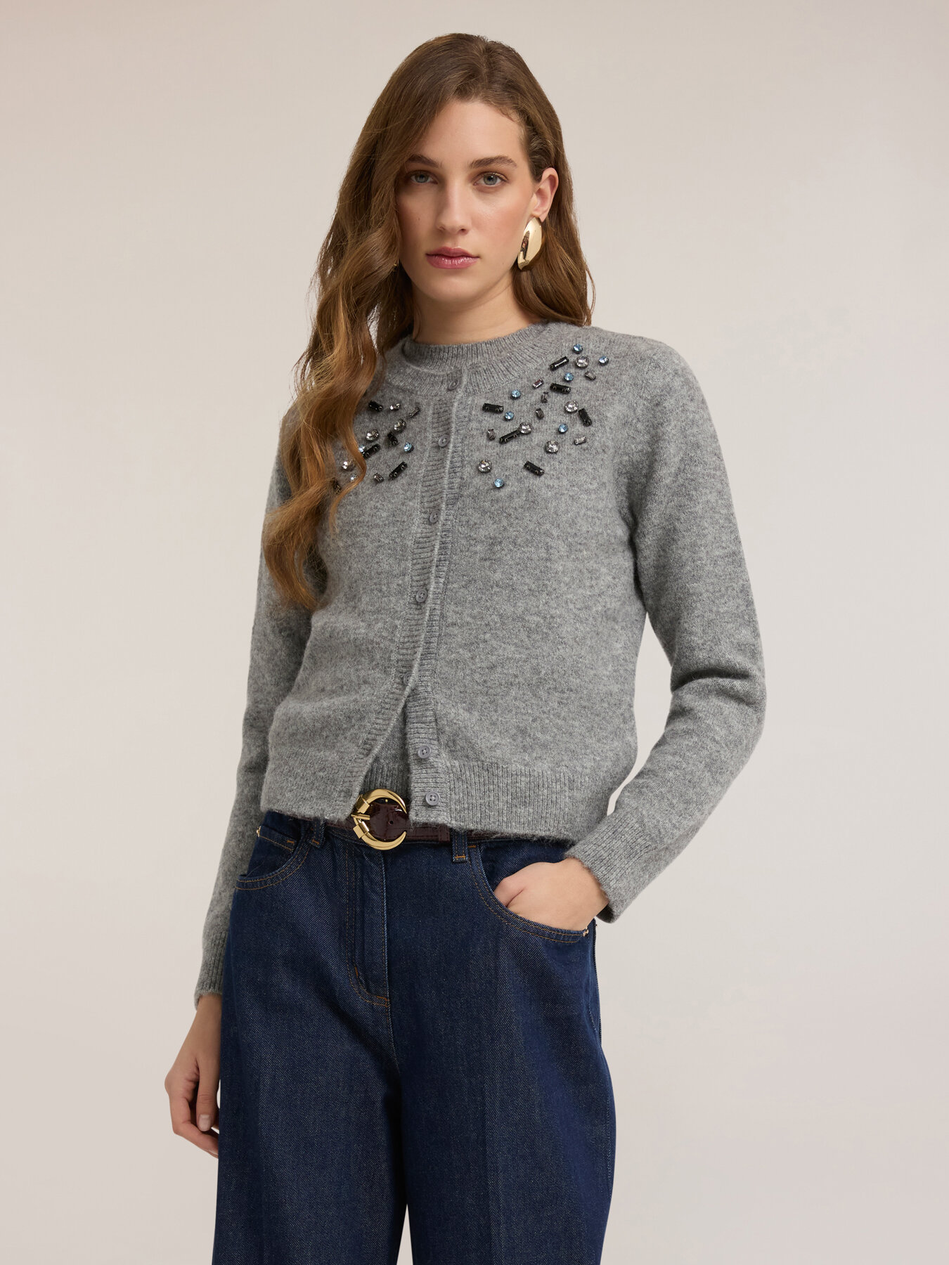 Cardigan din tricot din amestec de l&acirc;nă cu broderie de pietre image number 2