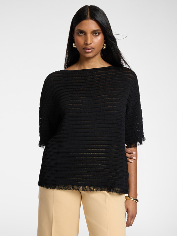 Striped perforated viscose blend top