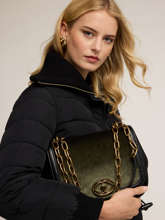 Shoulder bag in coated fabric and velvet
