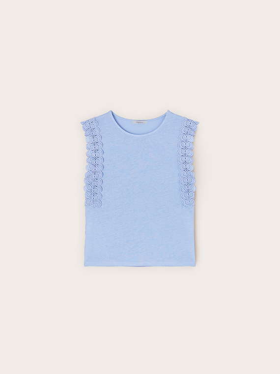 Tricou din amestec de in cu inserții din dantelă