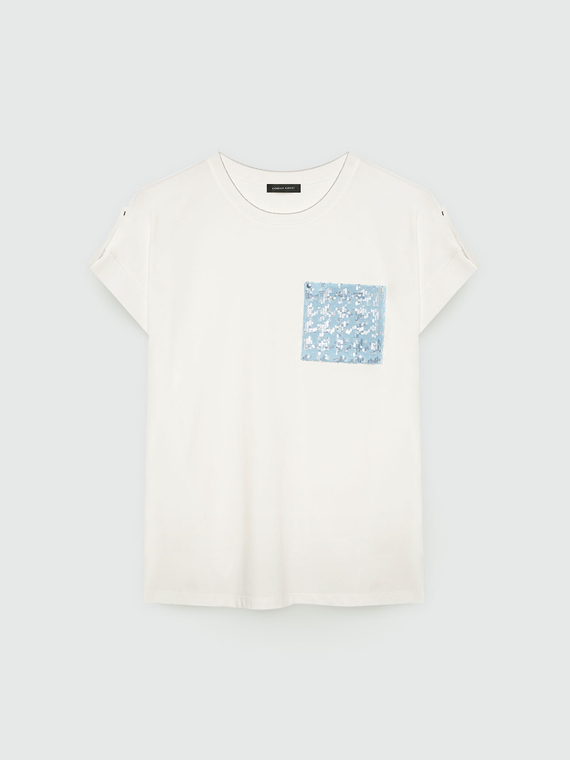 T-Shirt mit Pailletten bestickter Denim-Brusttasche