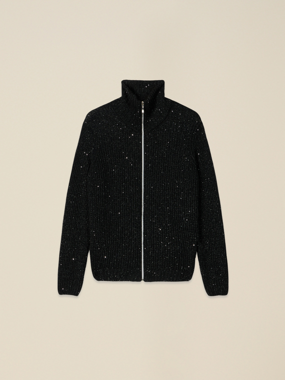 Cardigan con zip e micro paillettes