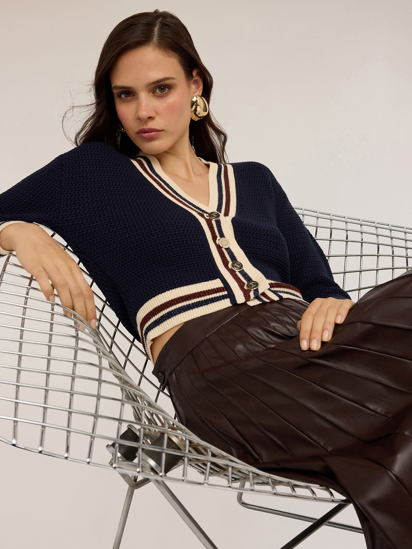 Cardigan corto in maglia con bordi a righe image number 3