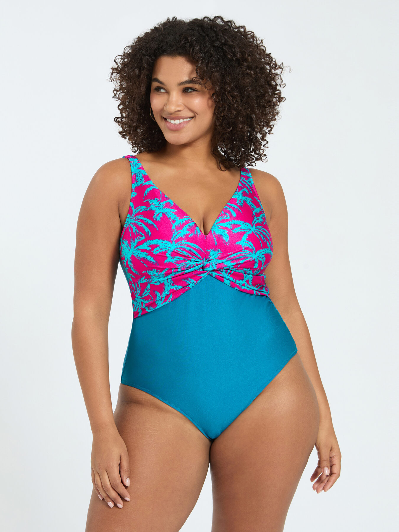 Crossover one-piece swimsuit tropical print image number 2