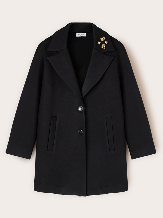 Scuba coat with jewel brooch