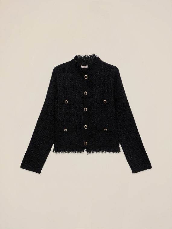 Wool blend cardigan with fringe and buttons