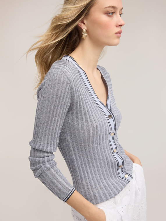 Ribbed knit cardigan with lurex blend