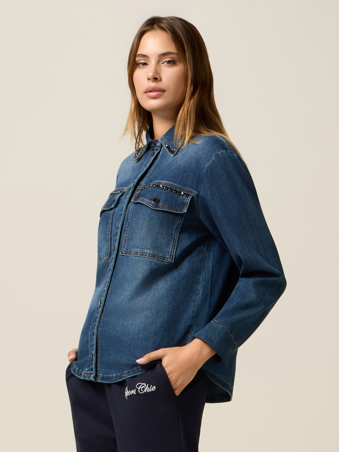 Denim shirt jacket with crystals image number 0