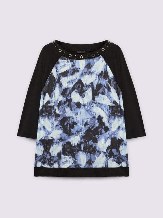 T-shirt bimaterica con occhielli sullo scollo