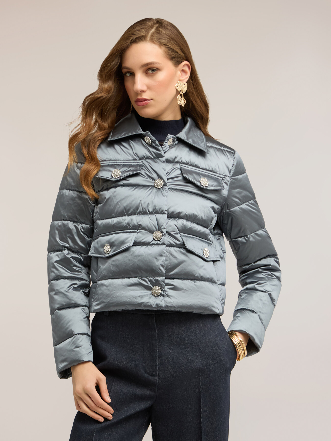 Short lightweight down jacket with jewel buttons image number 3