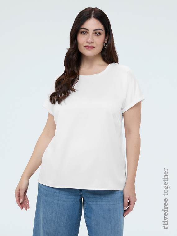 Bi-material t-shirt with round neckline