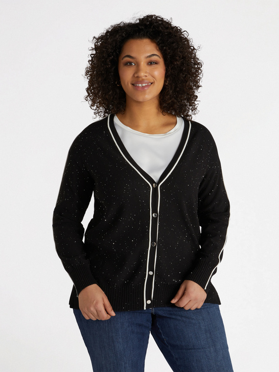 Cardigan mit weißen Bordüren und Mikro-Pailletten