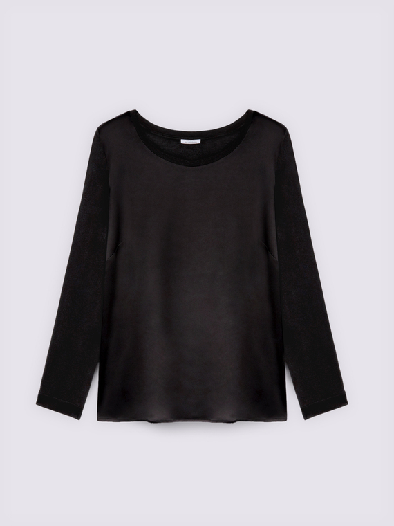 Long-sleeved satin and jersey T-shirt