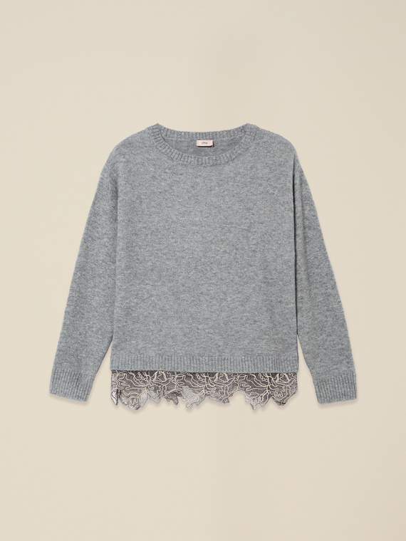 Crew neck sweater with lace trim