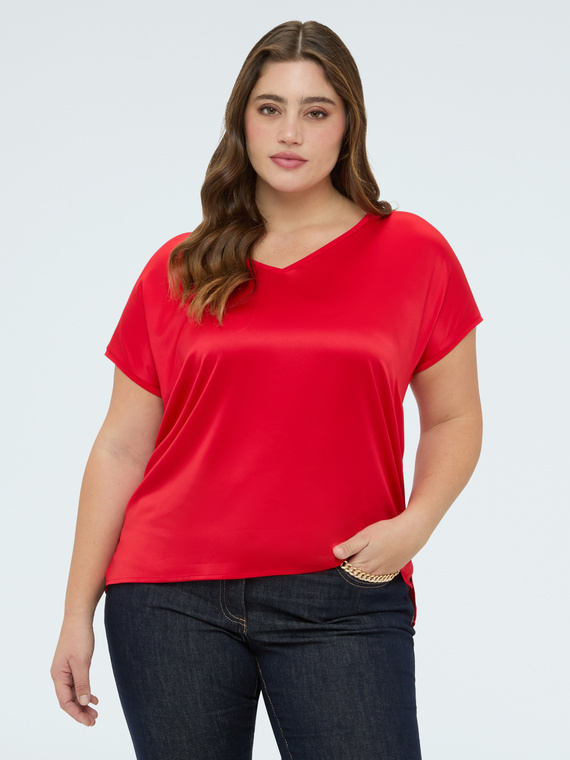 T-shirt bimaterica con scollo a V