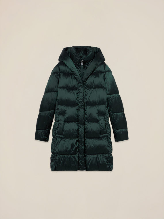 Piumino lungo in nylon con cappuccio