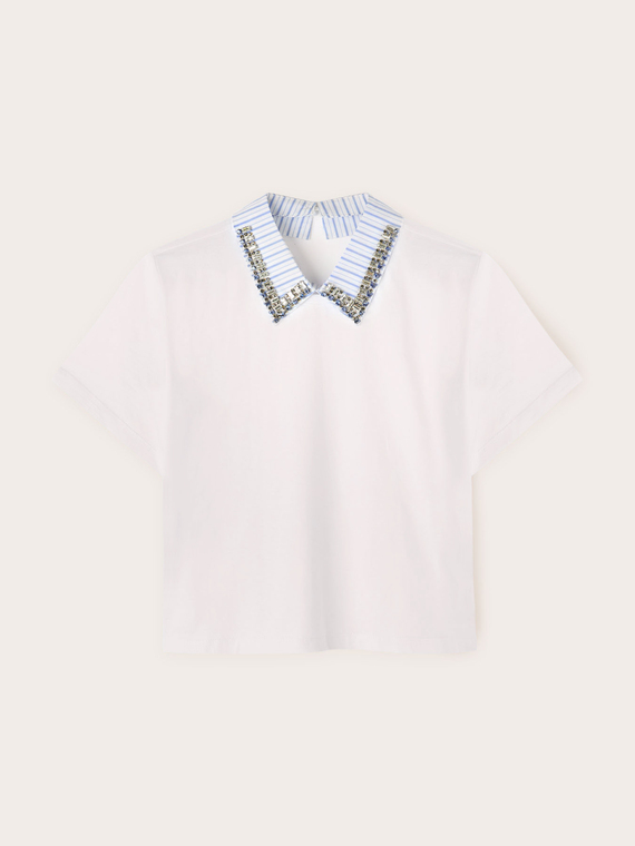 Tricou cu guler brodat cu pietre
