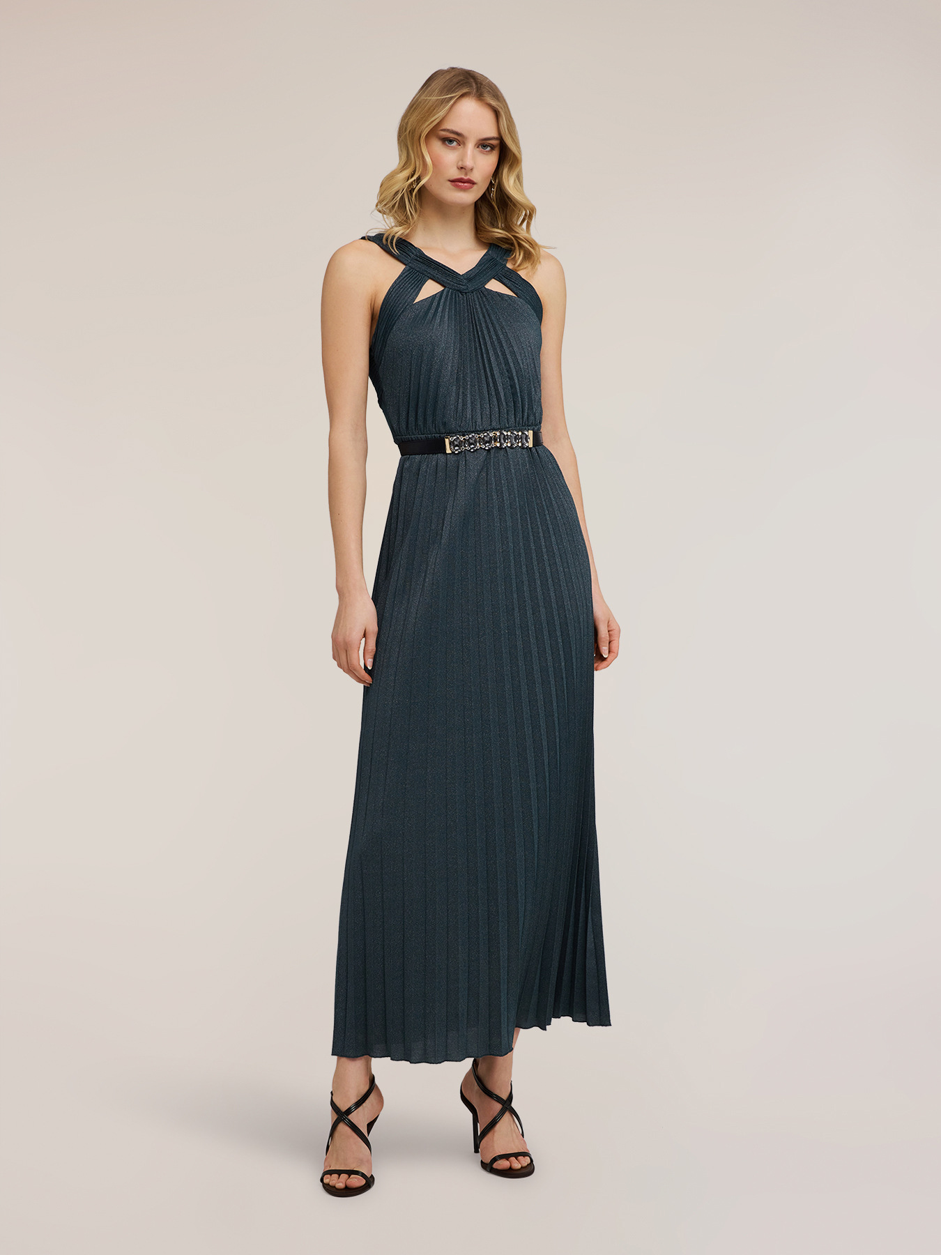 Long pleated dress in lurex jersey image number 0