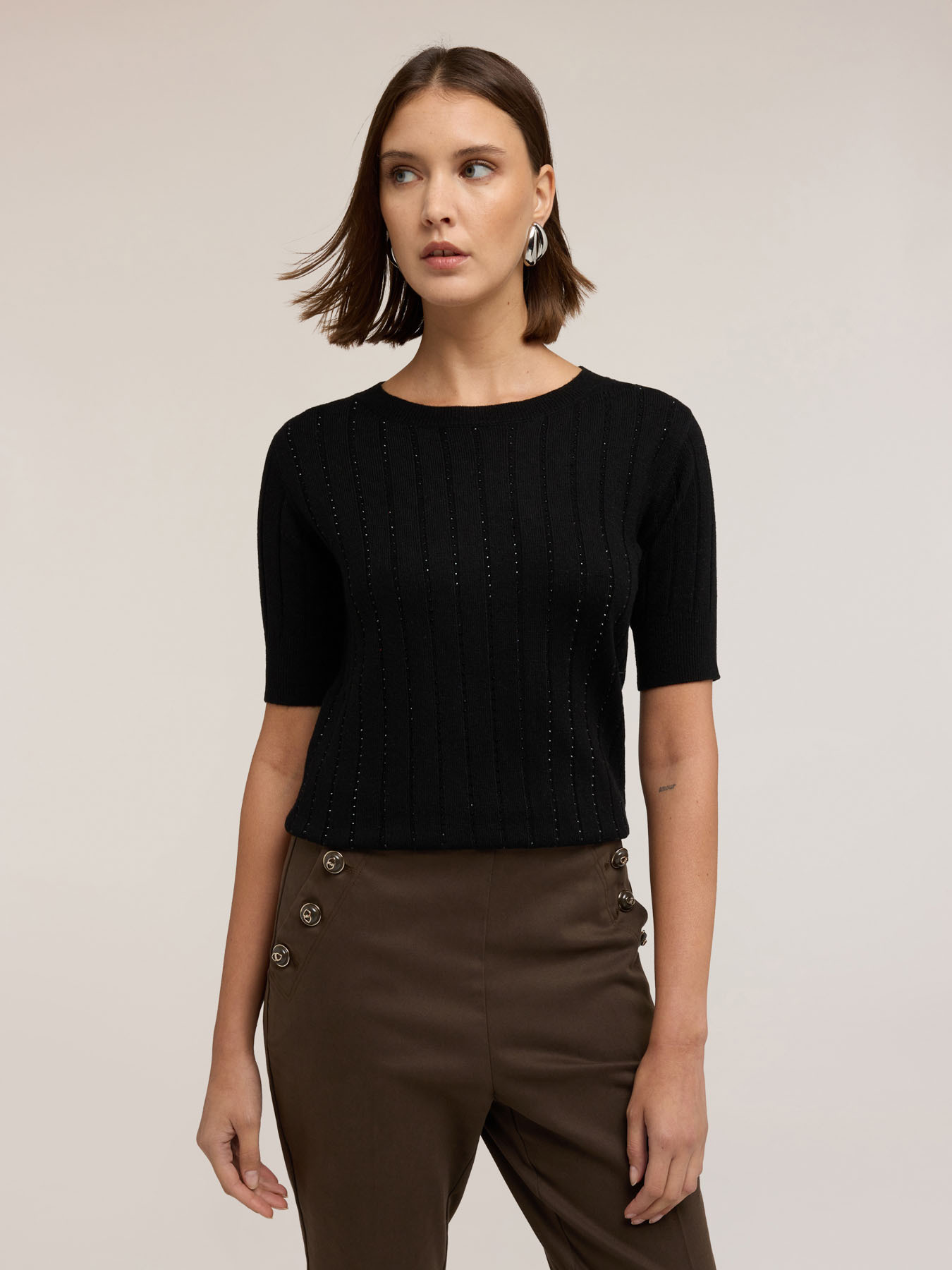 Ribbed sweater with rhinestone stripes image number 2