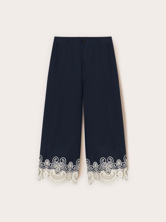 Pantaloni cropped din poplin cu dantelă