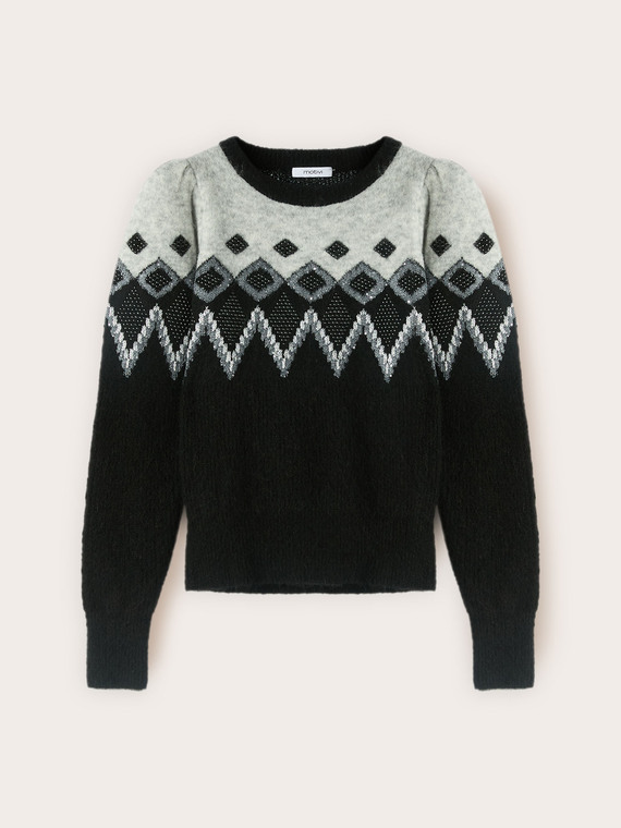 Pull jacquard à manches bouffantes