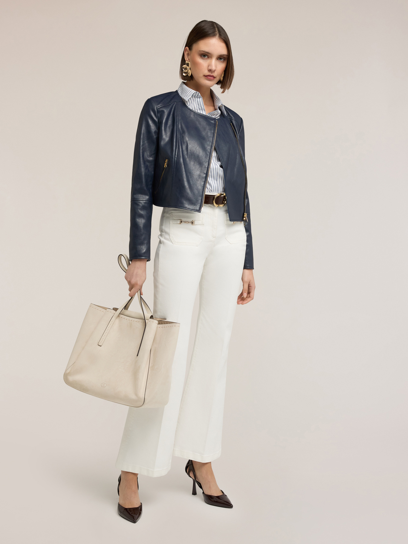 Biker jacket with asymmetric zip and striped lining image number 2