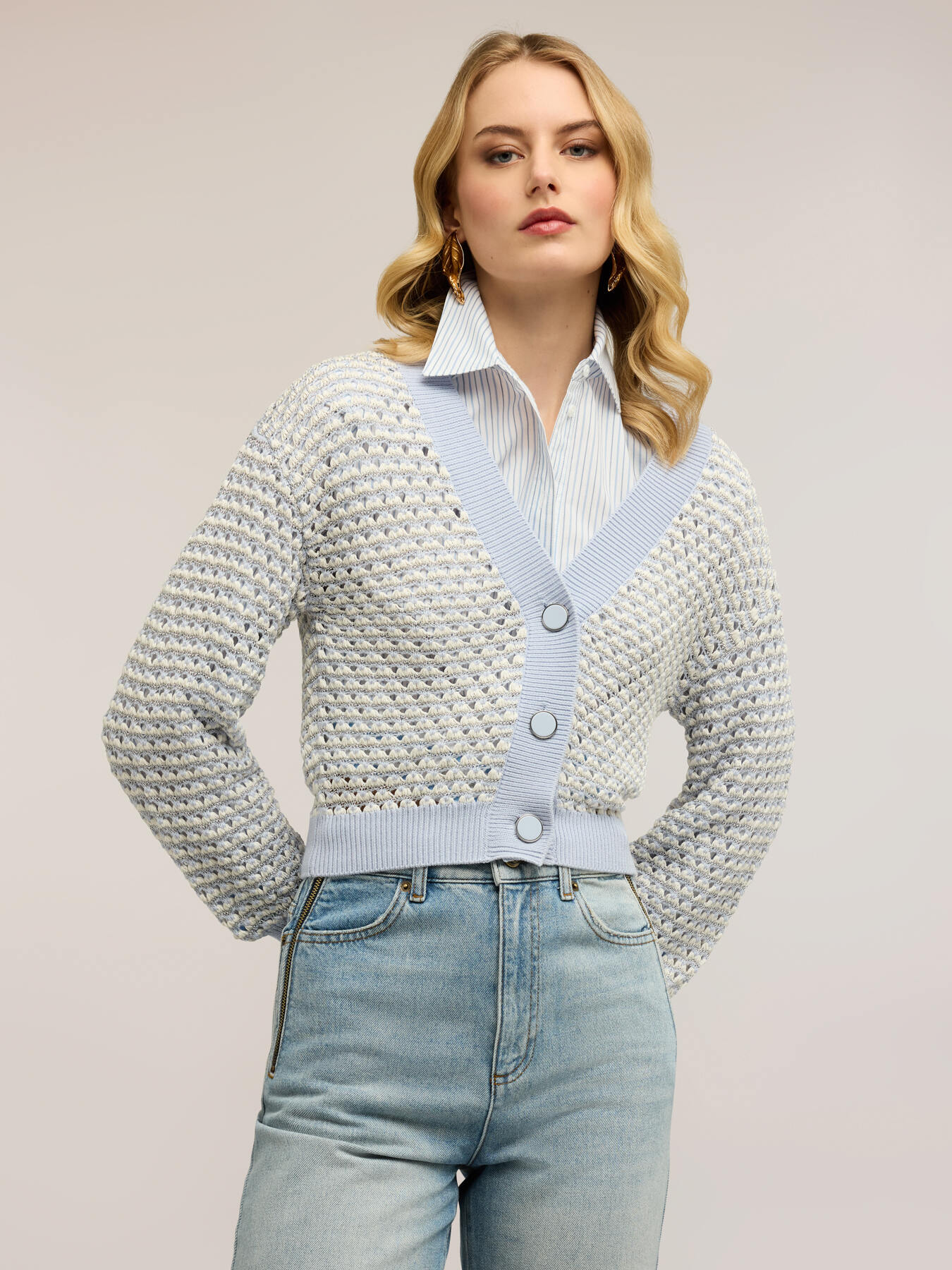 Short cardigan in openwork lurex knitwear image number 0