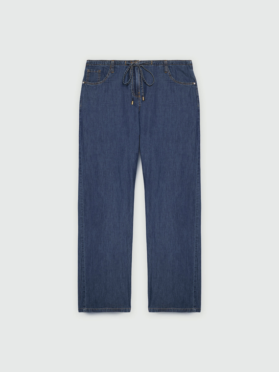 Jeans wide leg in chambray con lacci in vita