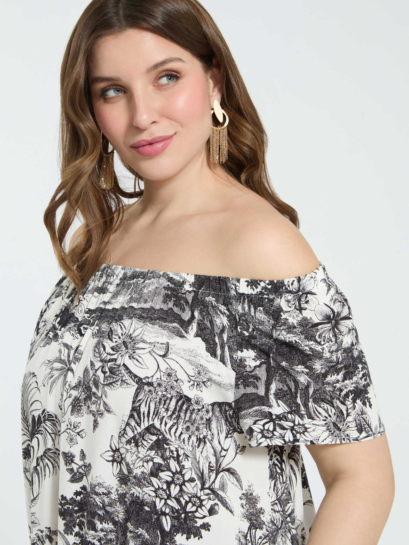 Off-Shoulder-Kleid mit exotischem Print image number 2