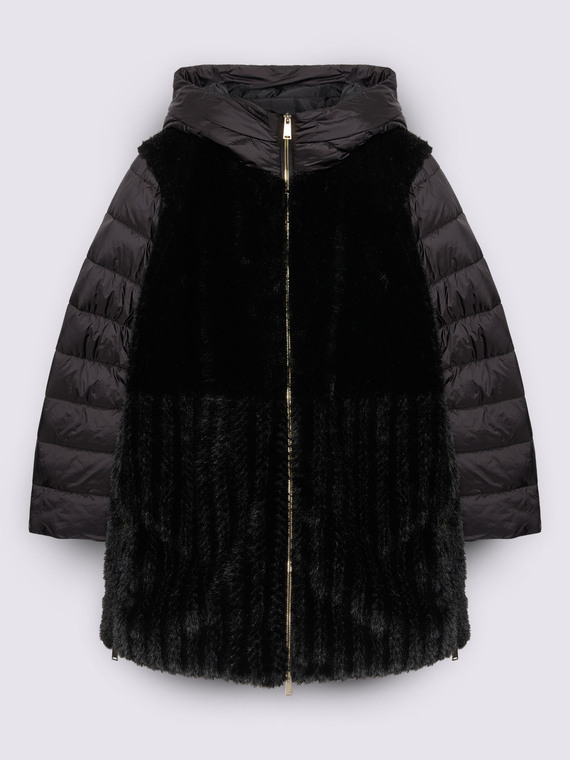 Bi-material down jacket with hood