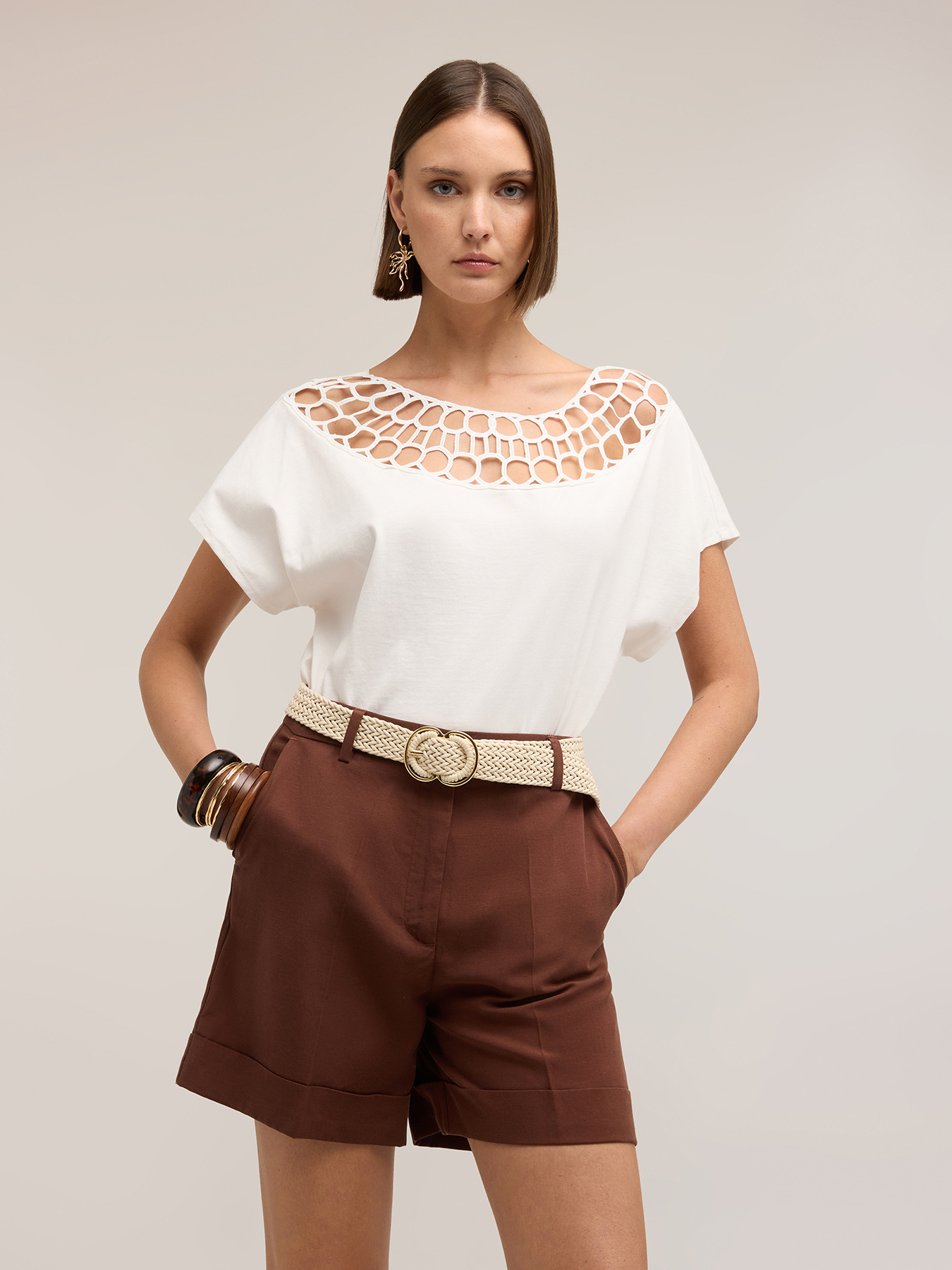 Tricou din jersey cu prelucrare efect dantelă image number 0