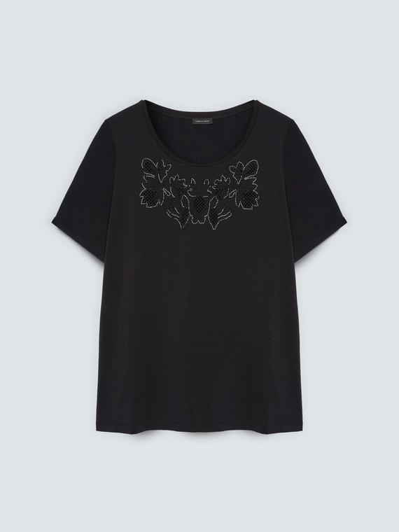 Zweifarbiges T-Shirt mit Blumenstickerei