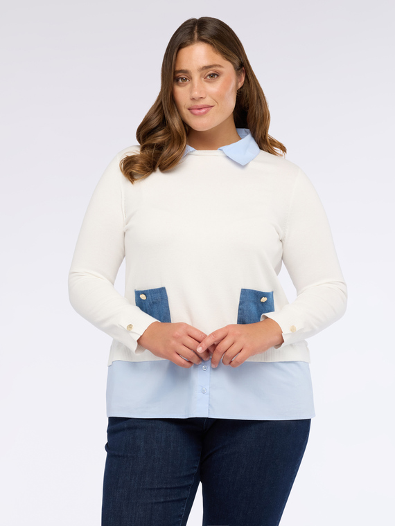 Maglia bimaterica con tasche in denim