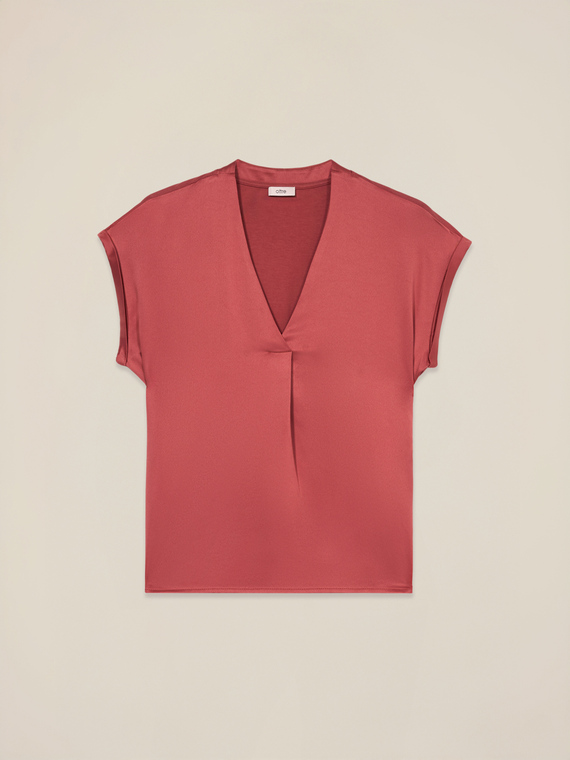 T-shirt bimaterica con scollo a V
