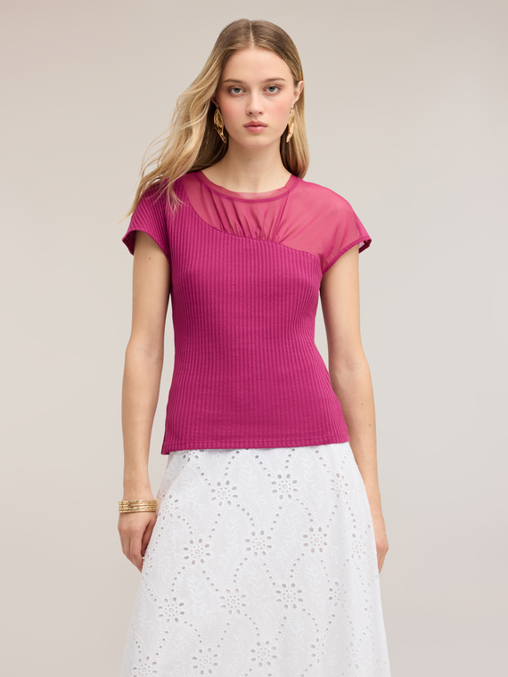 Bi-material t-shirt with draped insert