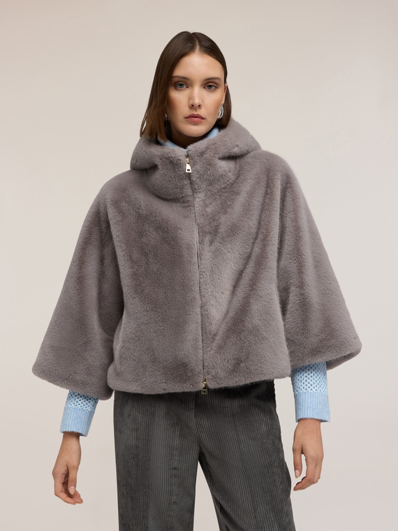 Hooded cape with plush effect