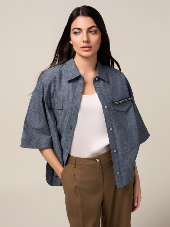 Übergroßes Hemd aus Leinen-Mix in Denim-Optik