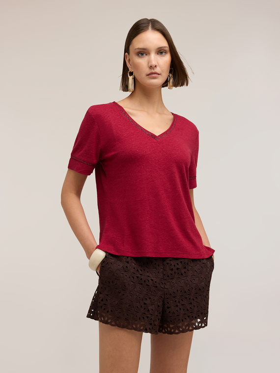 Tricou din amestec de in cu profile aurii