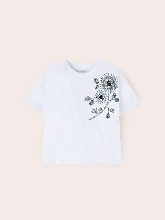 Jersey t-shirt with floral appliqu&eacute;s