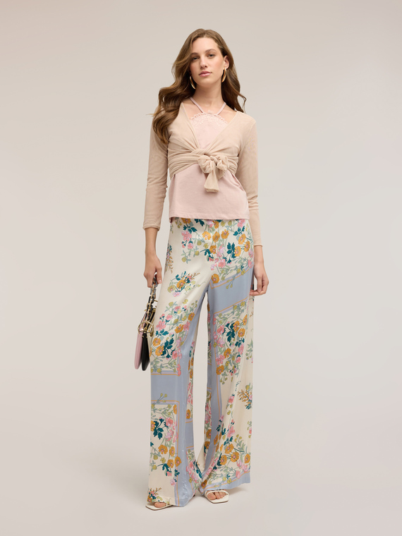 Pantaloni palazzo din satin cu imprimeu