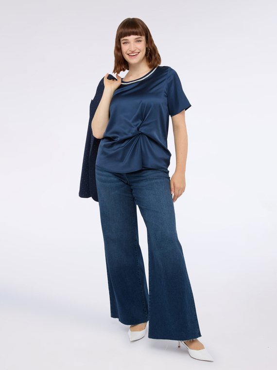 Bi-material t-shirt with draping and rhinestones