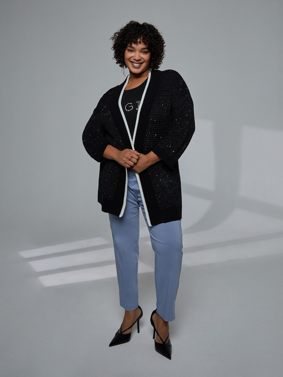 Cardigan lungo con bordi bianchi e micro paillettes