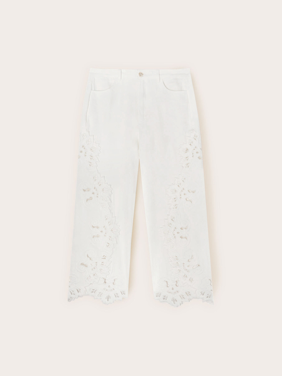 Pantaloni cropped cu broderii sangallo